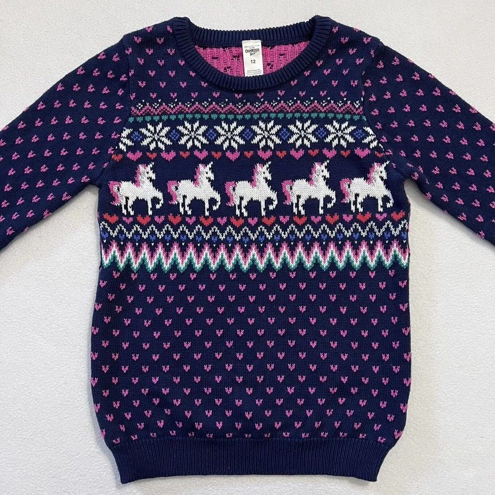 OshKosh B'Gosh Girl Blue PInk Fair Isle Silver Metallic Unicorn Knit Sweater 12